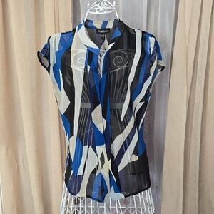 bebe Blue, Black, and Taupe Patterned Blouse, XS